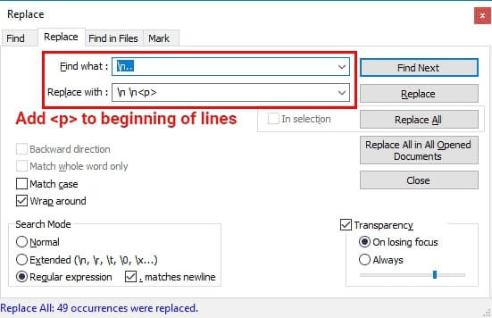 add p tag to beginning line 1 2