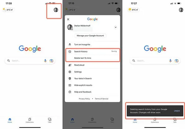 delete history last 15 minutes Activity on Google