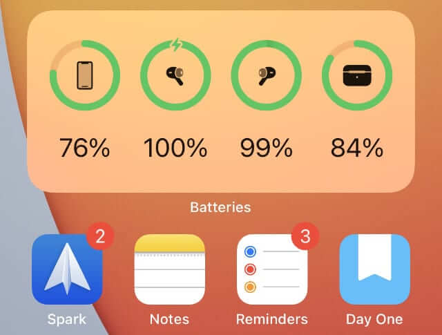 Batteries widget on iPhone Home screen showing AirPods battery 1