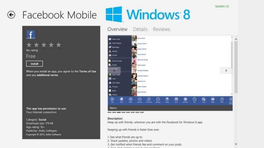 best social apps for Windows 8  : Facebook Mobile 