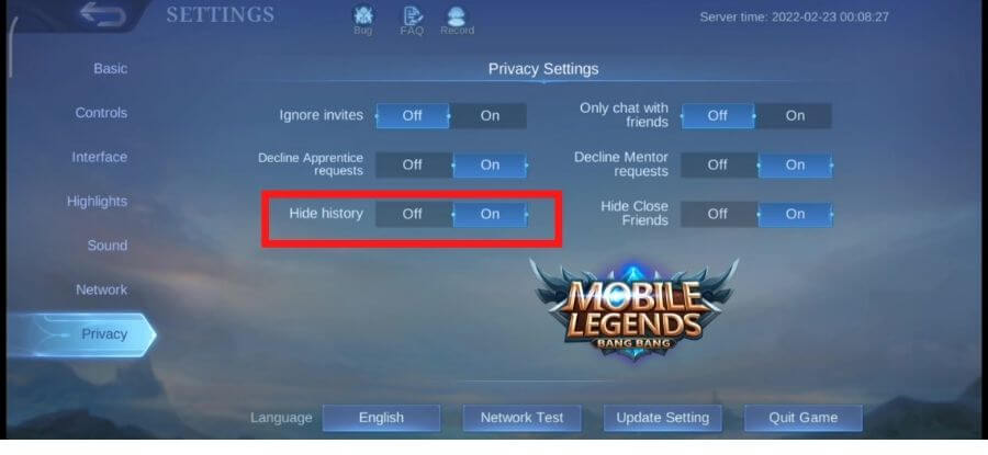 Privacy > Hide History in Mobile Legends (ML) Latest Update