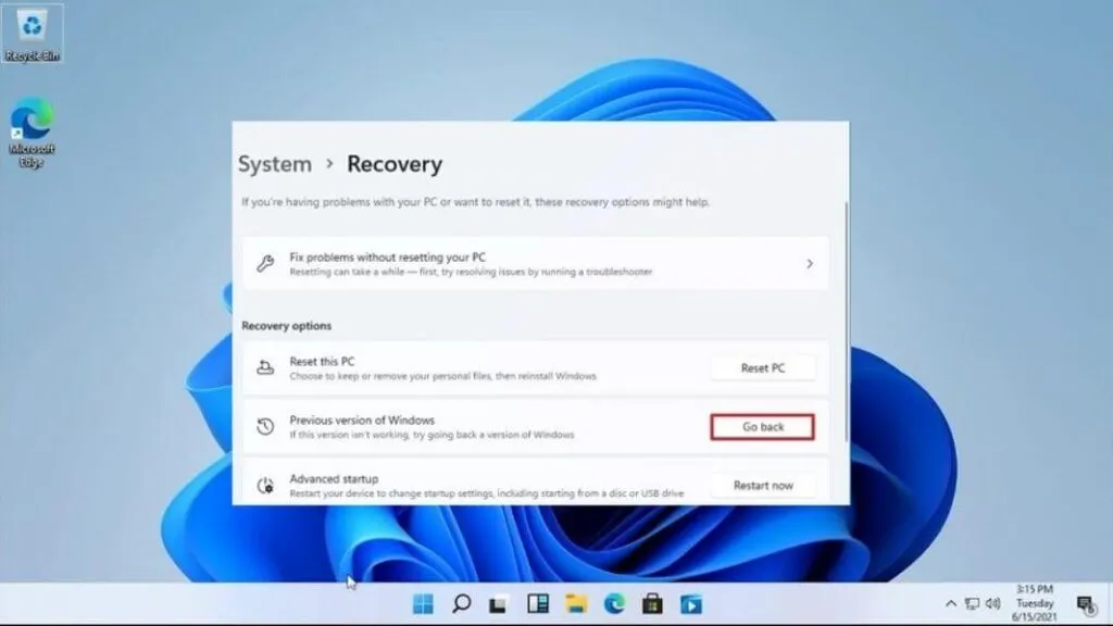 Recovery options" windows 11 to windows 10
