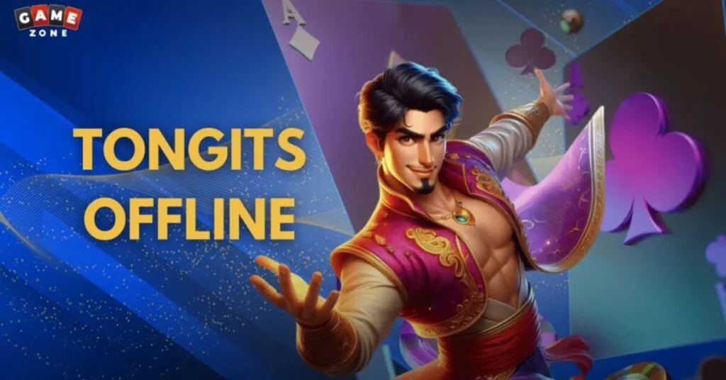 A mobile phone showcasing a vibrant screen of the Tongits Offline game being played on GameZone, with colorful cards and an easy-to-use interface.